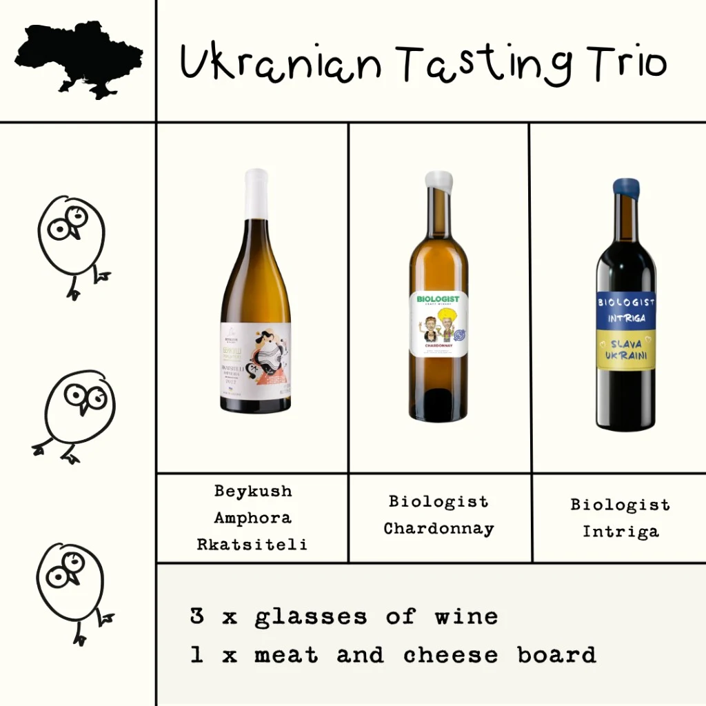 Ukrainian Tasting Trio flyer - Beykush Amphora Rkatsiteli, Biologist Chardonnay and Biologist Intriga with a meat and cheese board.
